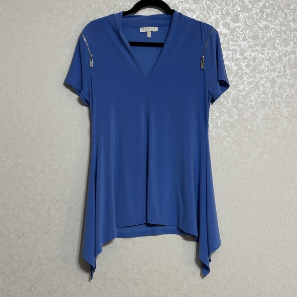 Chaus New York Tunic Top V-Neck Zipper Detail Soild Blue Blouse Asymmetric Hem L - Picture 1 of 5